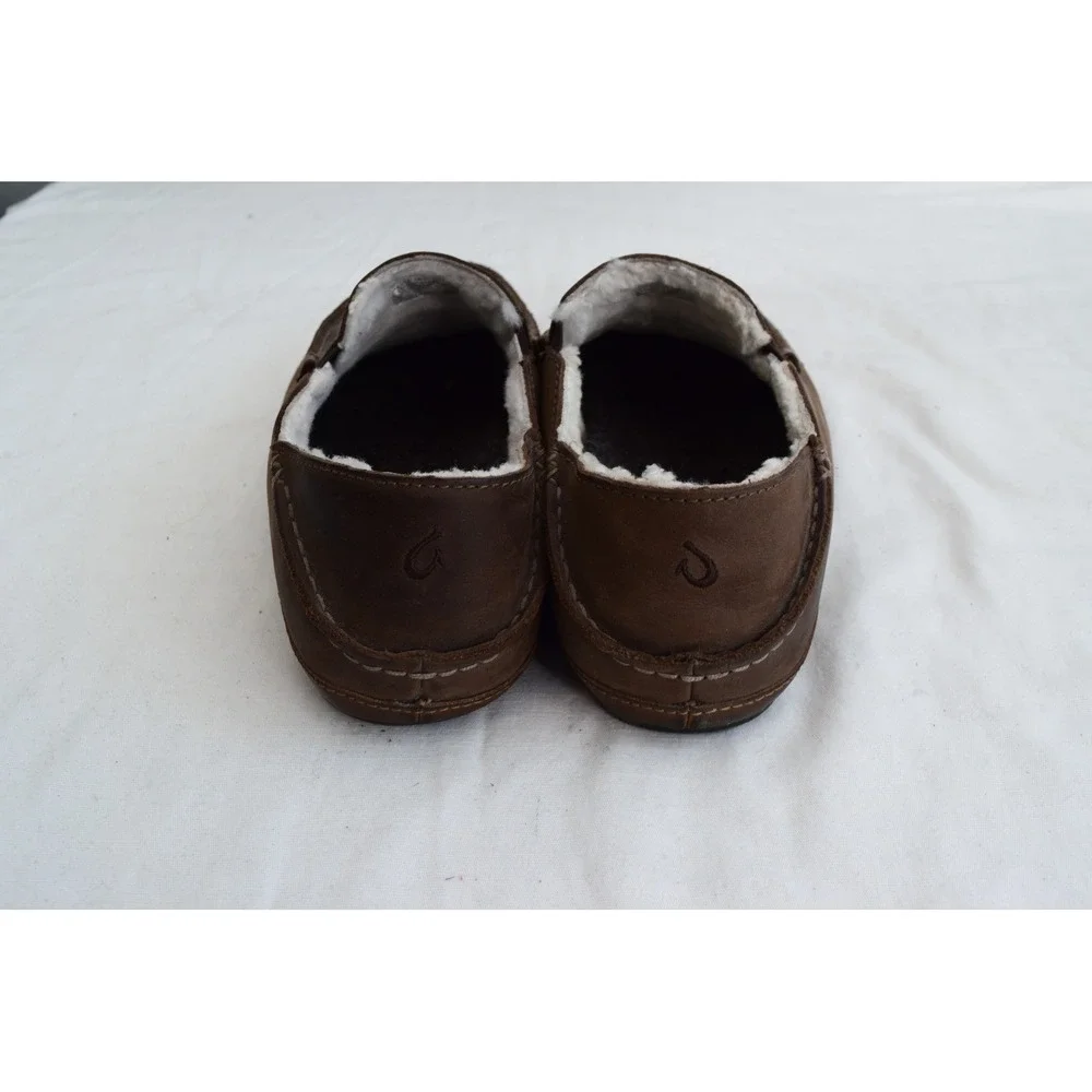 OluKai Moloa Slipper 9 Dark Wood Leather Shearling Mens Moccasin 10252-6363